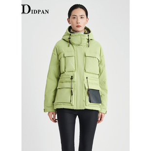 可拆卸连帽设计休闲运动风短款 新款 绿色羽绒服 冬季 IDPAN女装