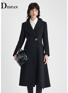 IDPAN羊毛大衣冬季新款时尚百搭高级感通勤西装领黑色外套女