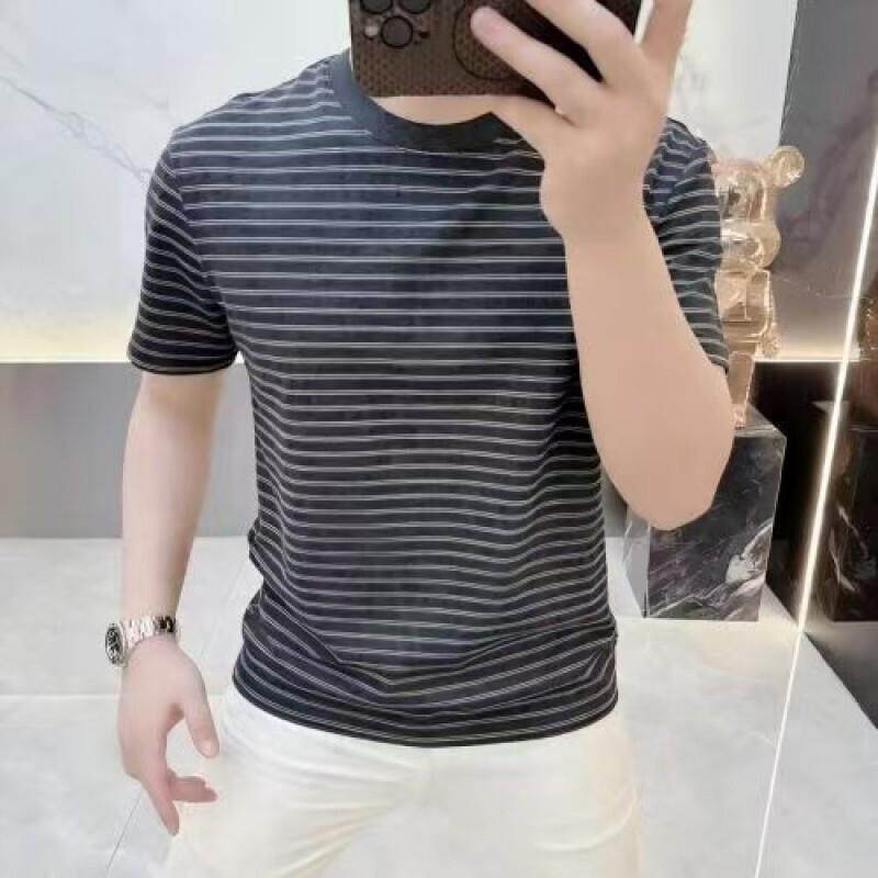 高档男士短袖T恤轻奢大牌风条纹半袖青年简约百搭圆领男装上衣服