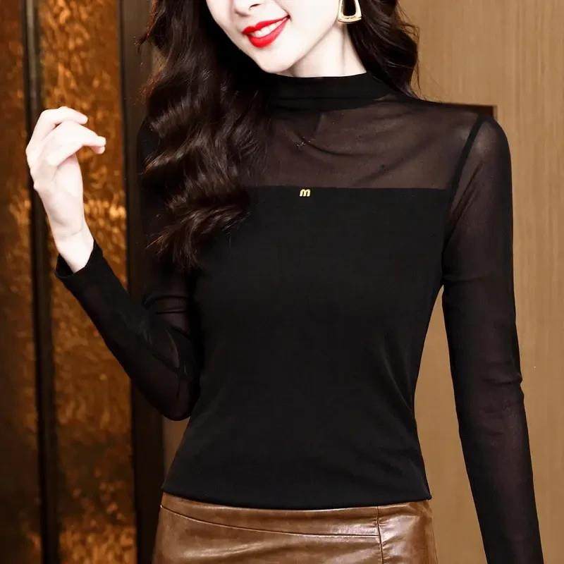 泽漫品质2025秋冬新款中领打底修身显瘦百搭网纱中N高领上衣女