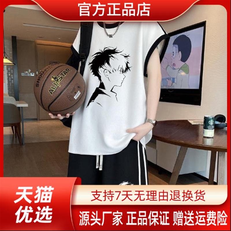 几禾轻奢夏季无袖T恤男孩冰丝背心短裤青少年大童夏装运动套装
