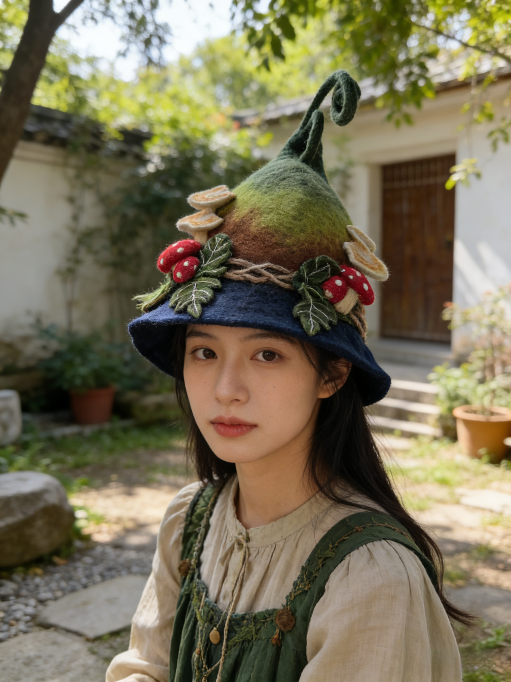 尼泊尔纯手工羊毛毡魔法师帽子森系油画感艺术造型高顶长尾蘑菇帽