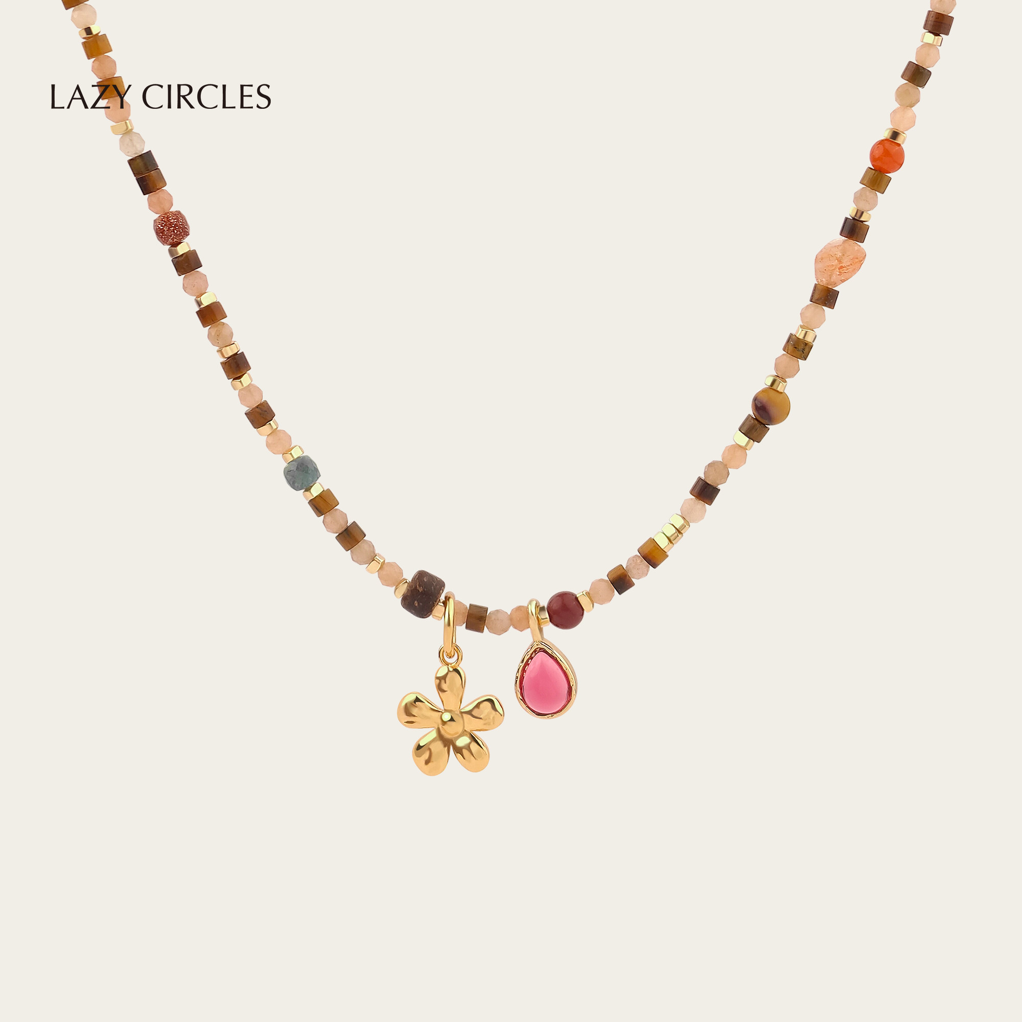 LAZY CIRCLES宝石花花项链女不规则串珠双吊坠锁骨链春季出游配饰