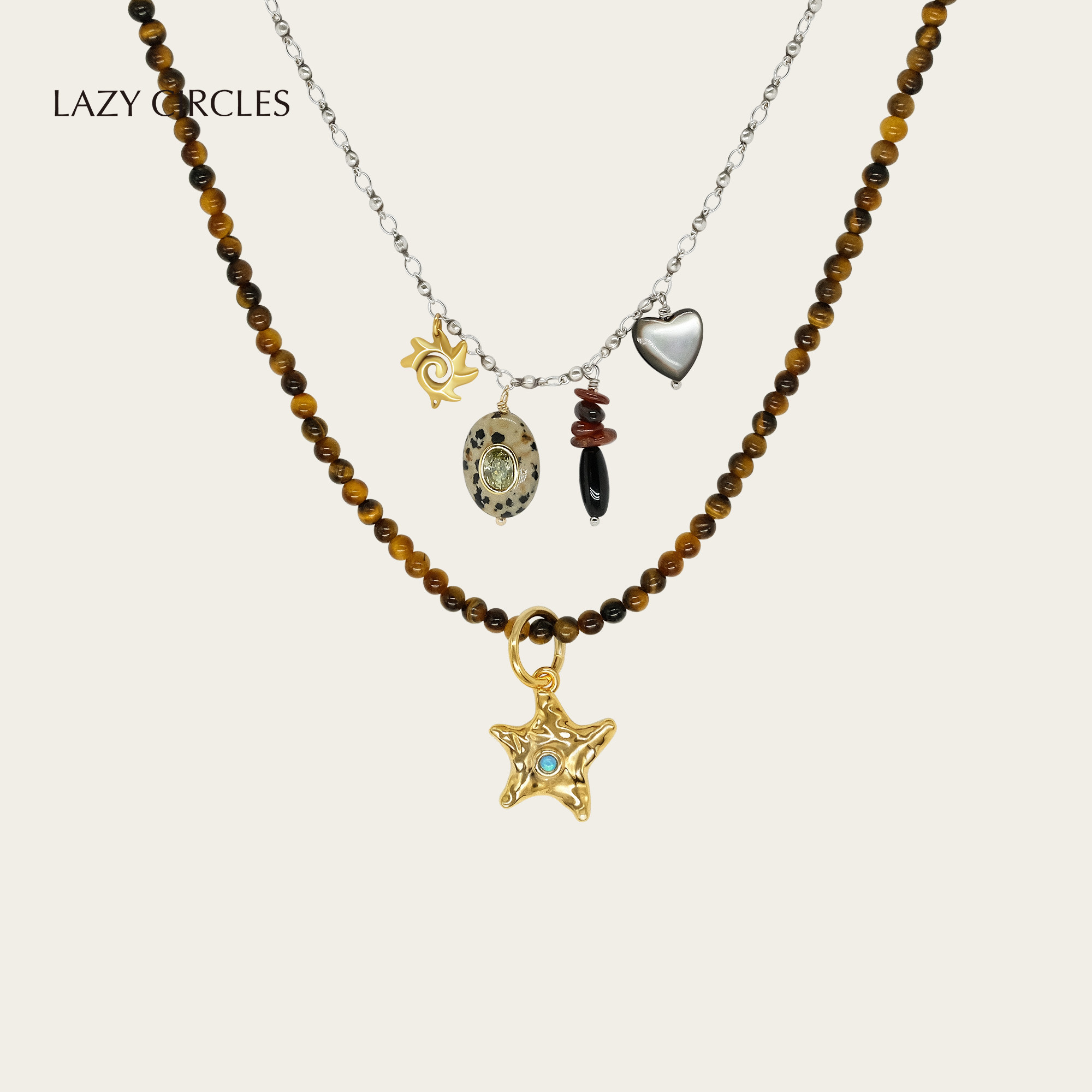LAZY CIRCLES镶嵌黑斑石多吊坠锁骨链虎眼石海星项链女百搭配饰