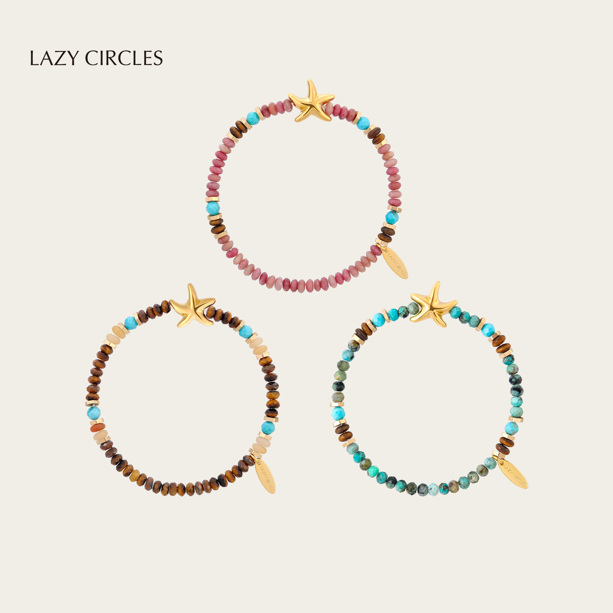 LAZY CIRCLES海星多色宝石手链女虎眼石红纹石串珠叠戴女朋友礼物