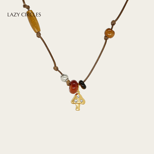 LAZY CIRCLES木珠编绳蘑菇项链女原创小众新年礼物氛围感毛衣链