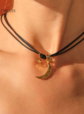 LAZY CIRCLES星月皮绳choker金色复古肌理圈锁骨链