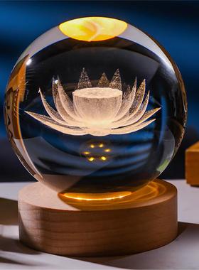 3D内雕水晶球小夜灯实木底座