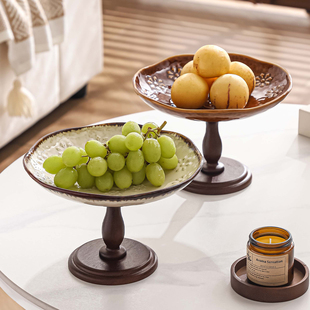 复古风雕花陶瓷高脚果盘客厅轻奢水果盘茶几摆件干果盘家用零食盘