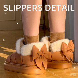 冬季新款女鞋高帮厚底蝴蝶结棉鞋雪地靴加绒保暖防臭透气棉拖