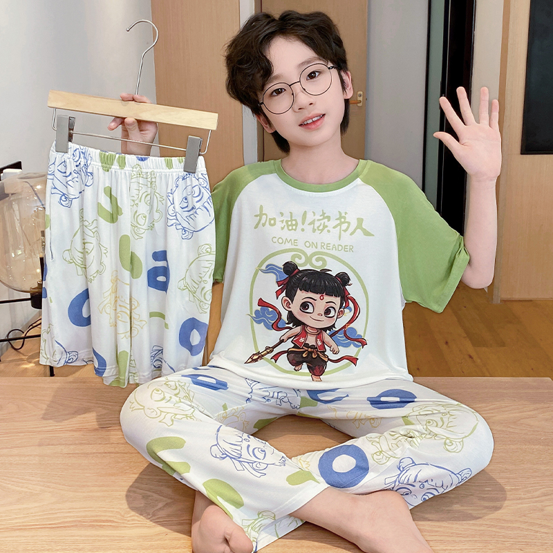 儿童睡衣男孩2025新款夏季莫代尔超薄款三件套男童夏款大童家居服