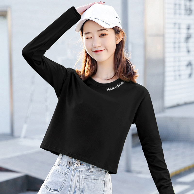 长袖t恤女宽松百搭高腰短款上衣