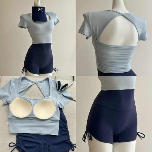 祖儿兔兔· 三角美背短袖蓝藏青瑜伽服套装2606D28