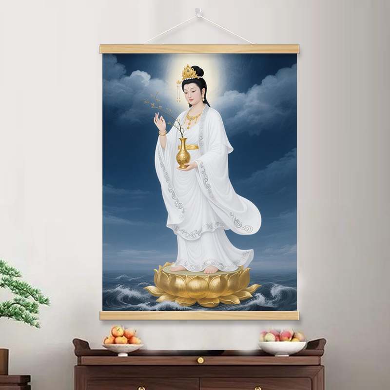 南海观音画像卷轴挂画莲花海上白衣观音菩萨佛堂禅意佛像装饰挂画