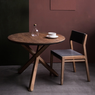 柚木全实木餐桌中古风复古圆形桌家用客厅家具民宿设计师咖啡桌