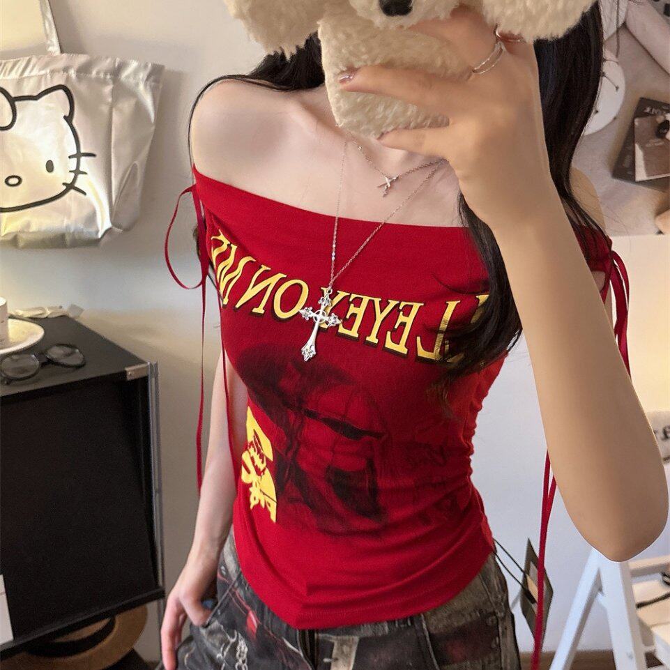 美式辣妹风性感字母印花一字肩T恤女夏季内搭修身显瘦带胸垫上衣
