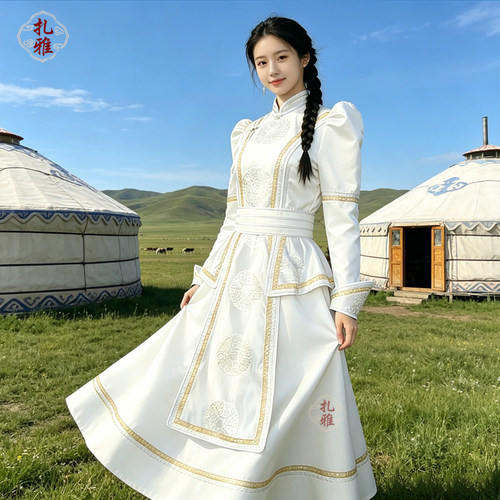 新款白色蒙古袍女舞台演出服