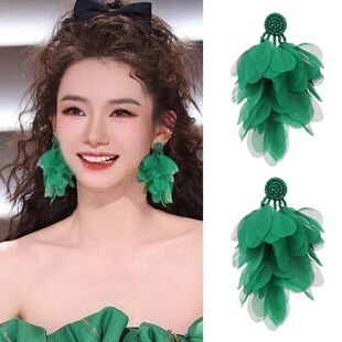 戚薇同款耳环适合夏天的绿色花瓣流苏耳饰耳坠夸张海边度假耳钉女