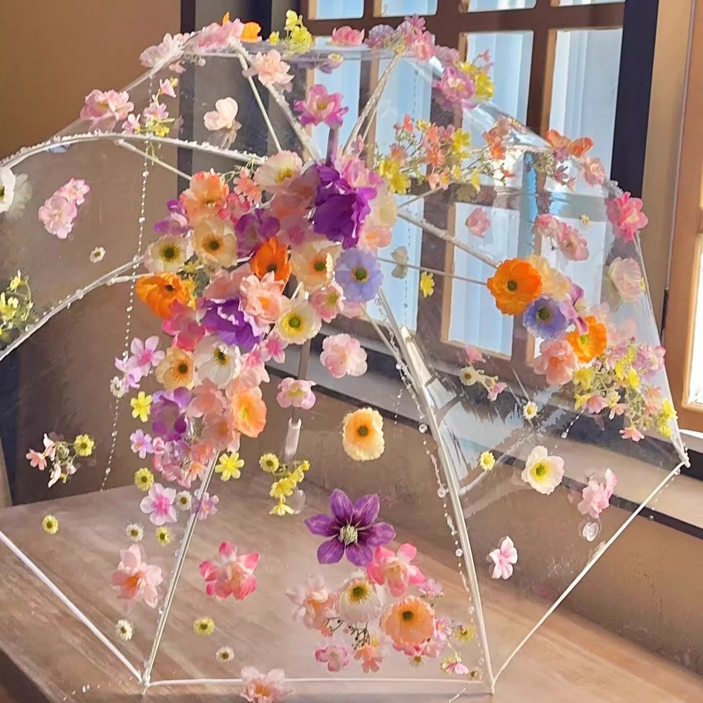 粘花透明伞春日簪花伞拍照写真工具情侣雨伞花花伞结实加厚走秀,居家日用,伞,淘宝优惠券,粉丝福利购,淘宝优惠卷