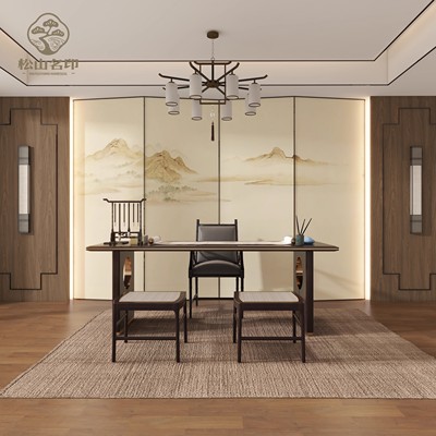 中式湖光山色书房客厅背景墙壁纸