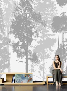 简约现代植物灰色树木墙纸壁纸2024新款客餐厅儿童房壁画树影墙布