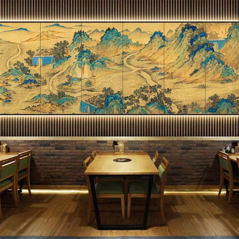 中式茶室宋代千里江山图壁纸宋氏美学背景墙饭店壁画酒店壁布墙纸,家装主材,定制壁画,淘宝优惠券,粉丝福利购,淘宝优惠卷