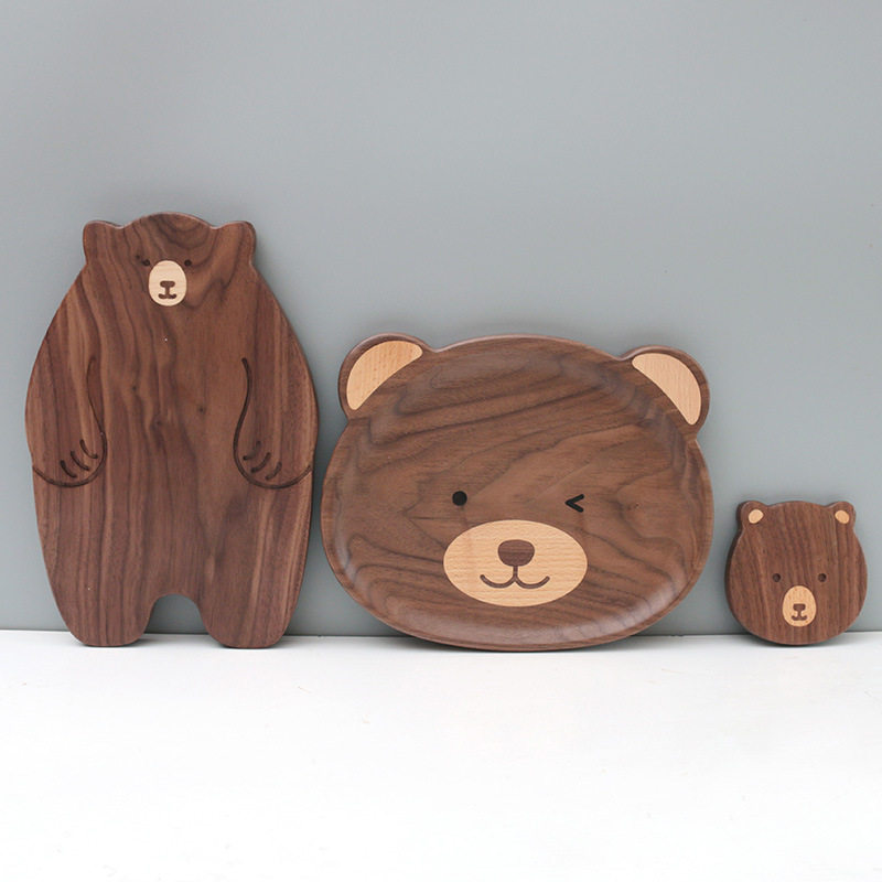 整木北美黑胡桃实木卡通熊托盘砧板日式可爱点心盘家用少儿杯垫