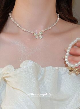 法式串珠锆石蝴蝶结吊坠珍珠项链