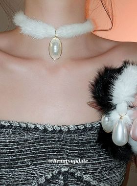 秋冬新款毛绒水滴珍珠项链精致