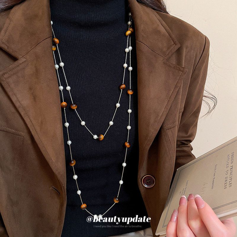 水晶串珠叠带珍珠项链复古优雅