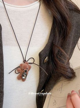 皮革镶钻植绒小熊项链秋冬复古