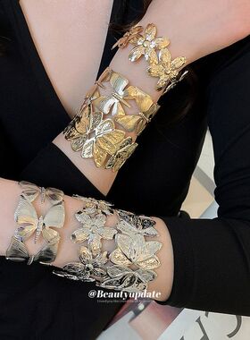 金属纹路几何花朵开口手镯冷淡