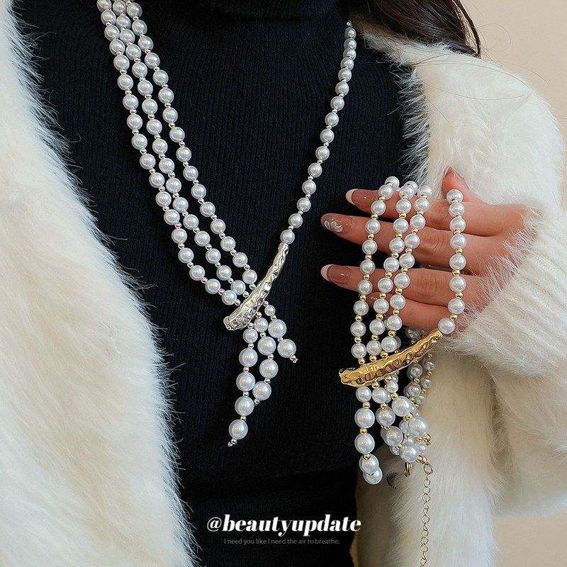 珍珠串珠多层不对称项链复古轻奢