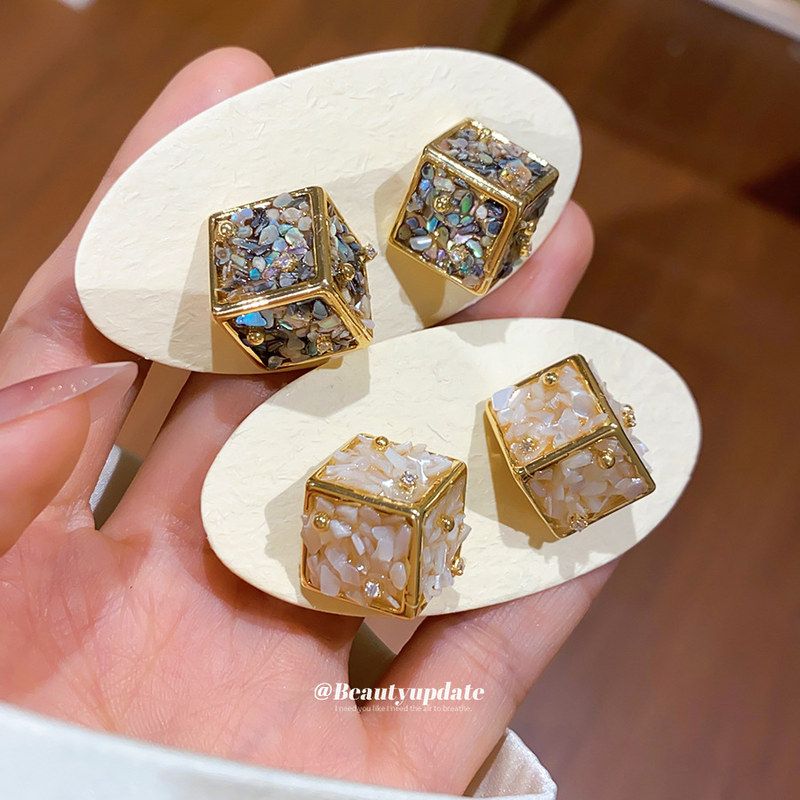 银针贝壳方形菱形耳钉轻奢小众