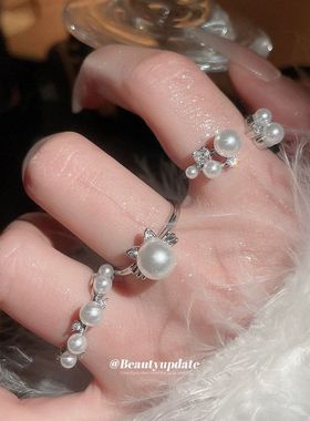 锆石圆形珍珠开口戒指法式优雅