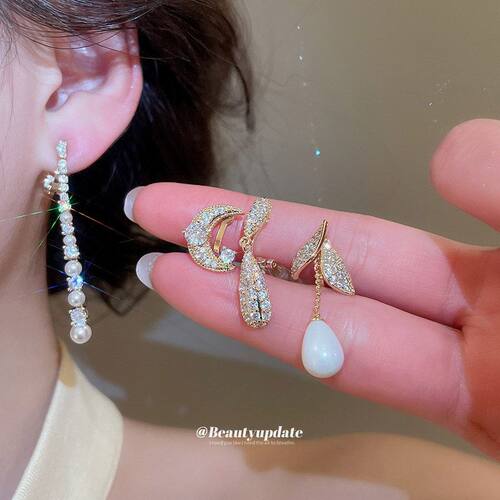 18真金电镀锆石几何珍珠耳夹复古