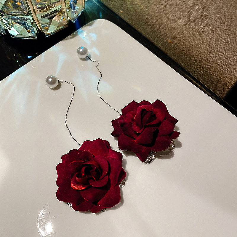 925银针红色花朵珍珠耳线
