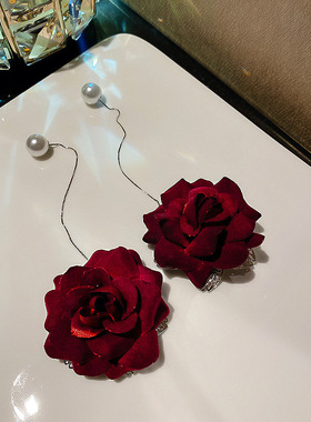 925银针红色花朵珍珠耳线