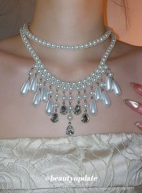 镶钻水滴流苏珍珠项链个性时尚