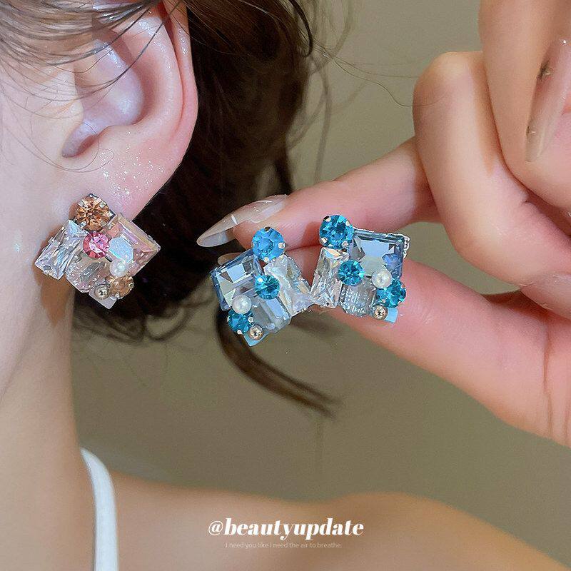 方形珍珠碎钻水晶耳钉气质小众个性时尚潮流百搭耳环冰透方糖耳饰