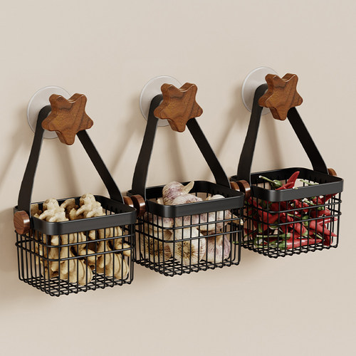 cmeo胡桃木厨房葱姜蒜收纳盒置物架壁挂生姜大蒜收纳免打孔挂篮