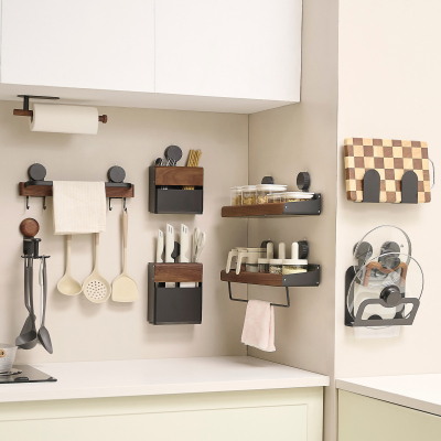 cmeo胡桃木吸盘厨房置物架壁挂式调味料用品挂钩锅盖刀架收纳层架