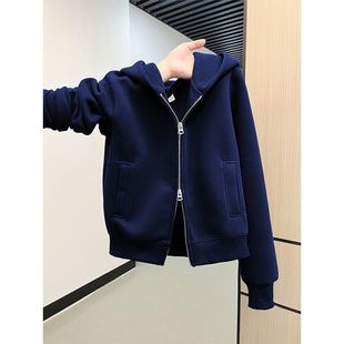 藏青色拉开衫卫衣女秋冬季加绒加厚2025新设计感小众短衣外套连帽