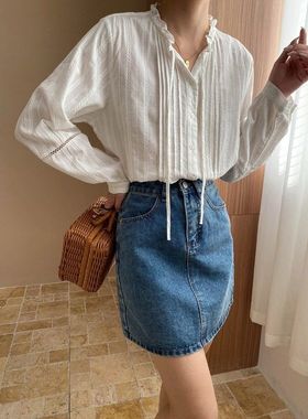 早秋新款 法式风琴褶木耳边系带镂空设计感长袖衬衫 SN7136