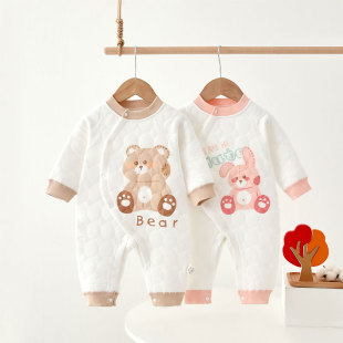 婴儿衣服秋冬季夹棉连体衣新生儿睡衣初生宝宝外出加厚哈衣和尚服