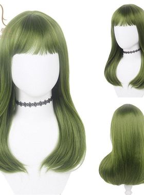 丝头发自然北极星亚裔洛丽塔高温刘海齐假发东南亚长女款绿色假发