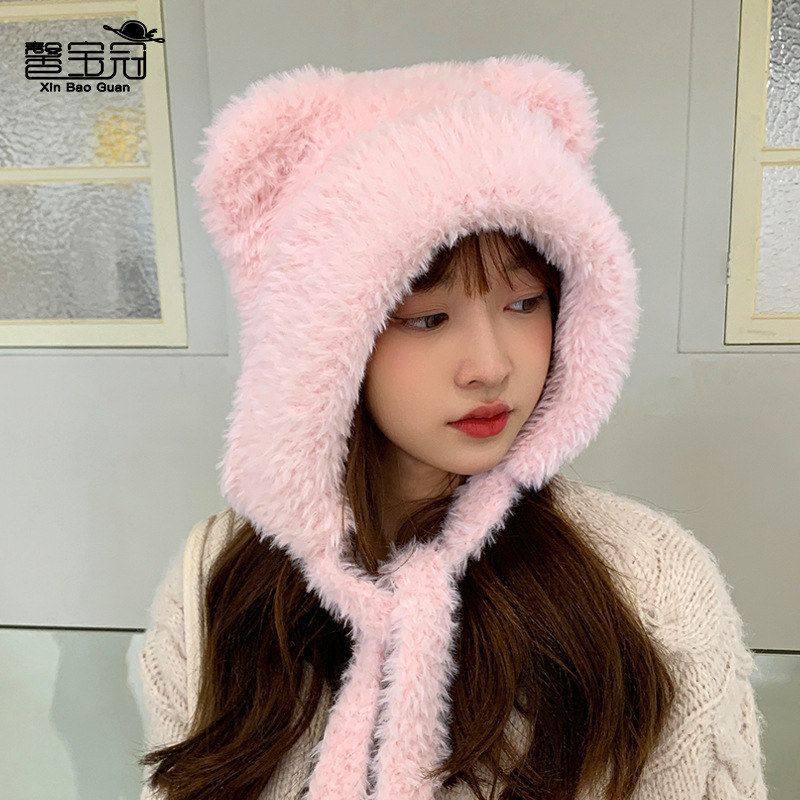 帽子系绳百搭保暖帽小熊时尚针织护耳韩版脸毛线可爱女帽显秋冬小