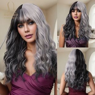cosplay速卖通全阴阳ein双色型头发sh长卷假发女美式 挑染假发