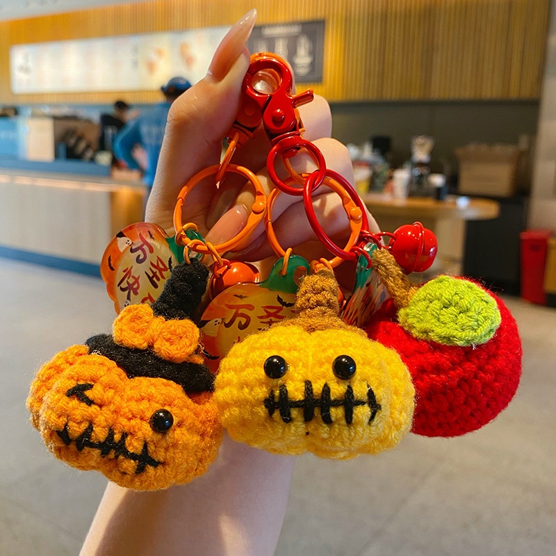 万圣节手工钩织DIY毛线南瓜钥匙扣搞怪可爱包包挂件挂扣礼品批发