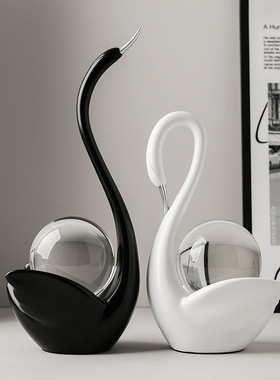 贝汉美中古现代水晶球情侣天鹅摆件家居玄关客厅酒柜电视柜装饰品